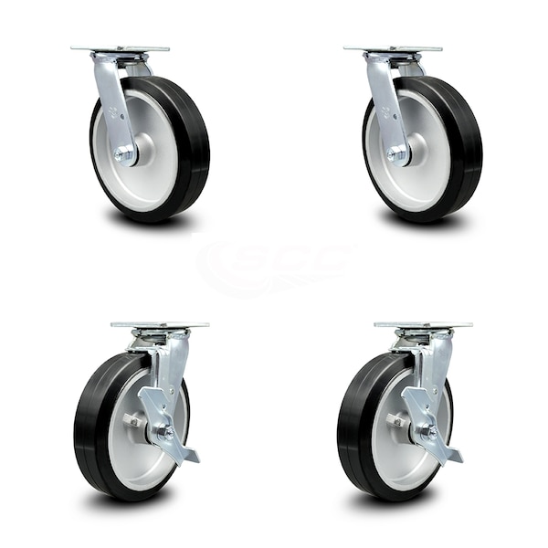 8 Inch Rubber on Aluminum Swivel Caster Set with Ball Bearing 2 Brake SCC